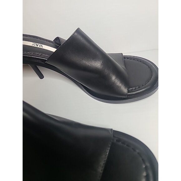 Zara Women's Black Leater Peep Toe Slip On Heel Sandals SZ 41/ US 10 - Picture 4 of 6